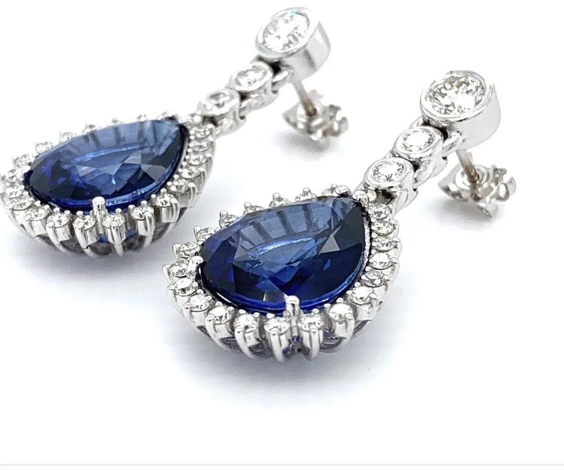 Pear Cut Sapphire and diamond art deco drop earrings 18k white gold  For Sale