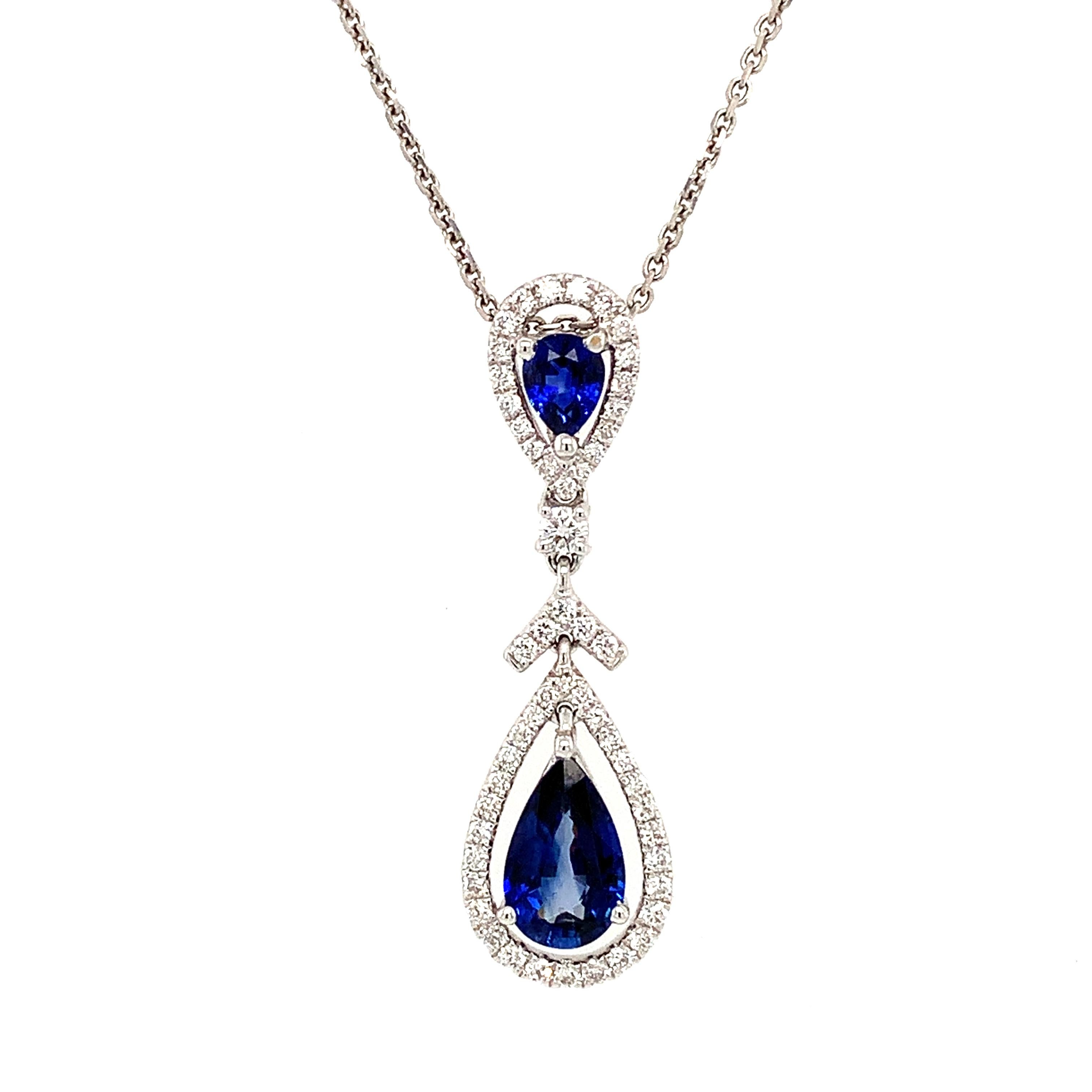 Pear Cut Sapphire and diamond art deco drop necklace 18k white gold For Sale