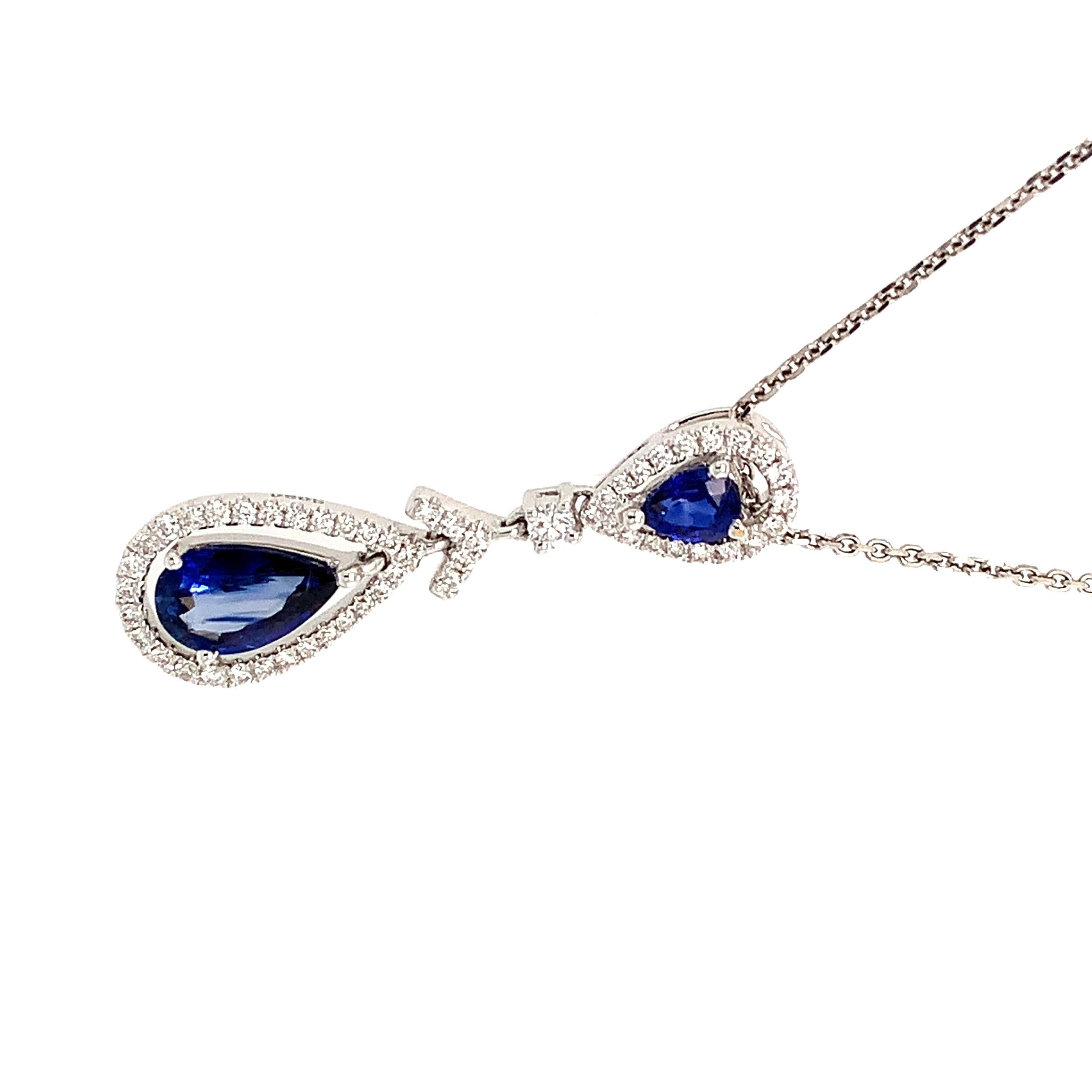 Sapphire and diamond art deco drop necklace 18k white gold In New Condition For Sale In London, GB