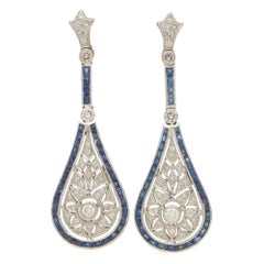 Sapphire and Diamond Art Deco Inspired Drop Earrings in White Gold