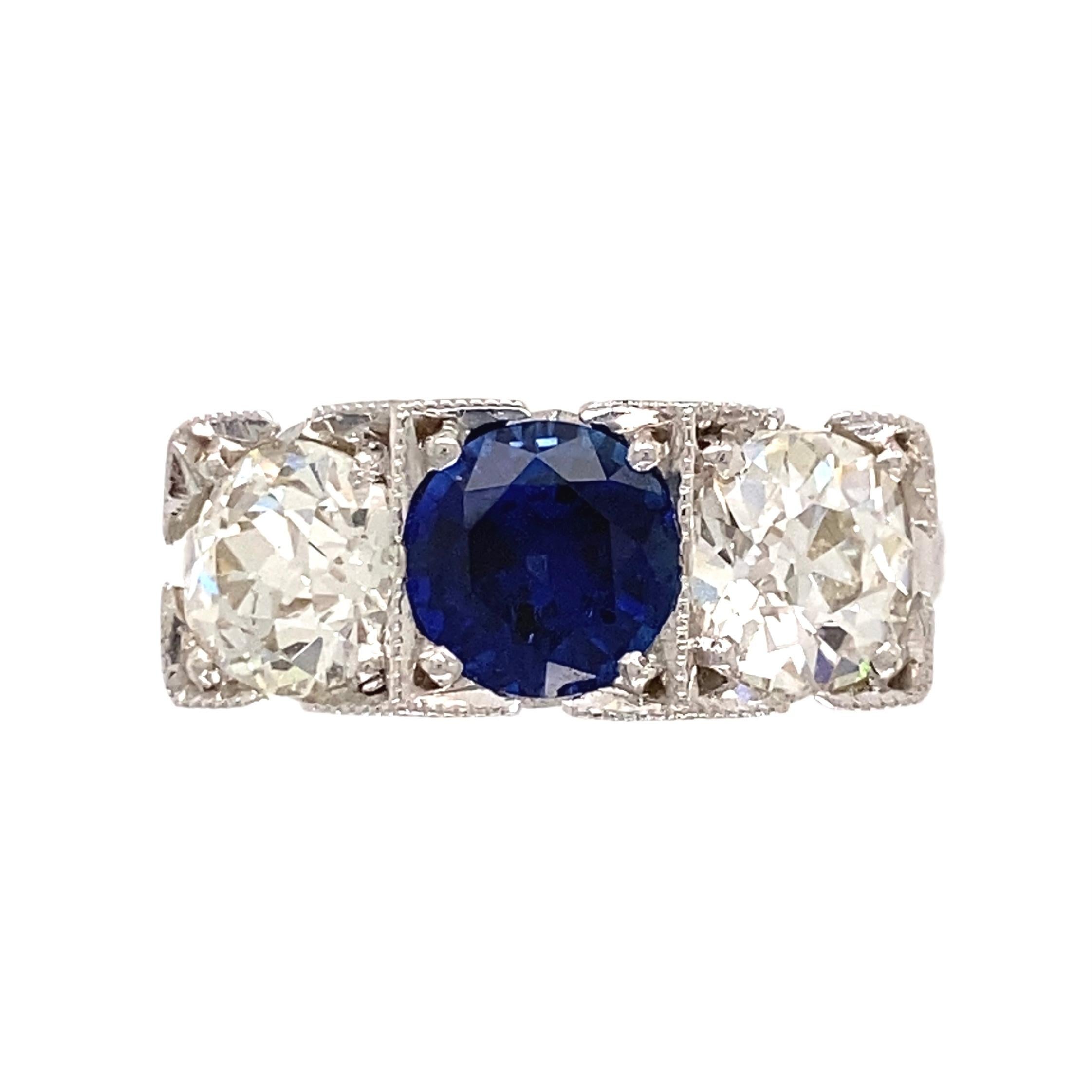 Mixed Cut Sapphire and Diamond Art Deco Revival 3-Stone Gold Ring Estate Fine Jewelry For Sale