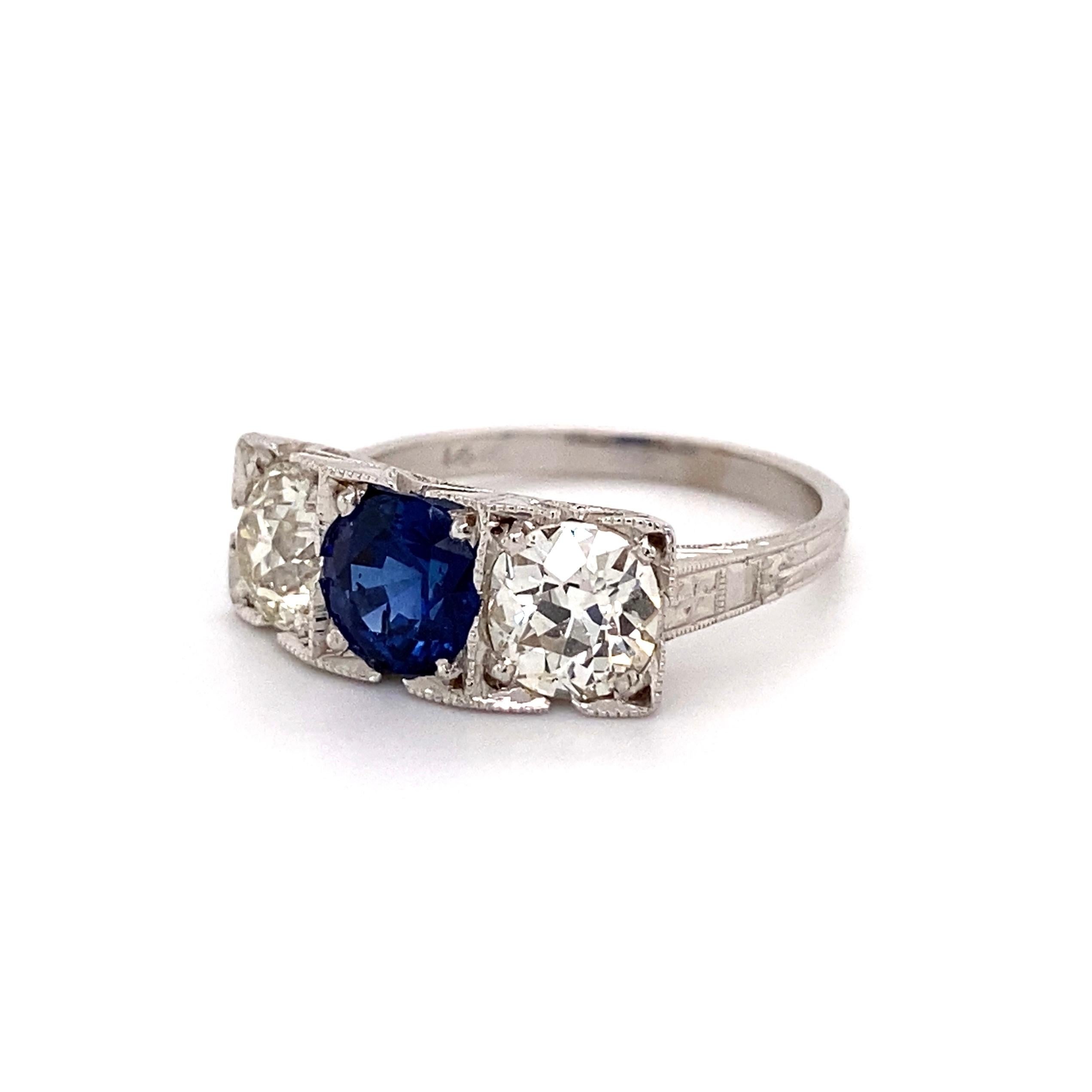 Women's Sapphire and Diamond Art Deco Revival 3-Stone Gold Ring Estate Fine Jewelry For Sale