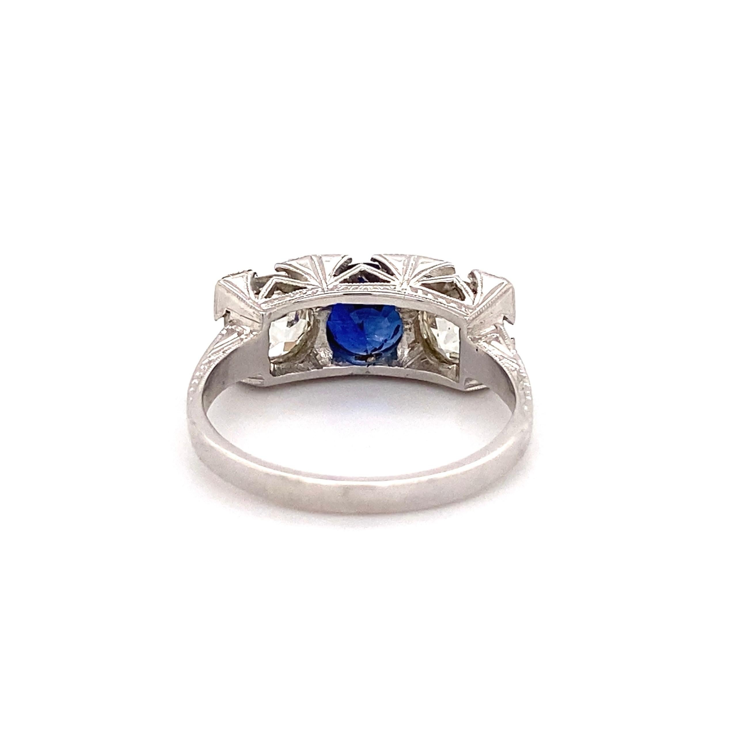 Sapphire and Diamond Art Deco Revival 3-Stone Gold Ring Estate Fine Jewelry For Sale 1