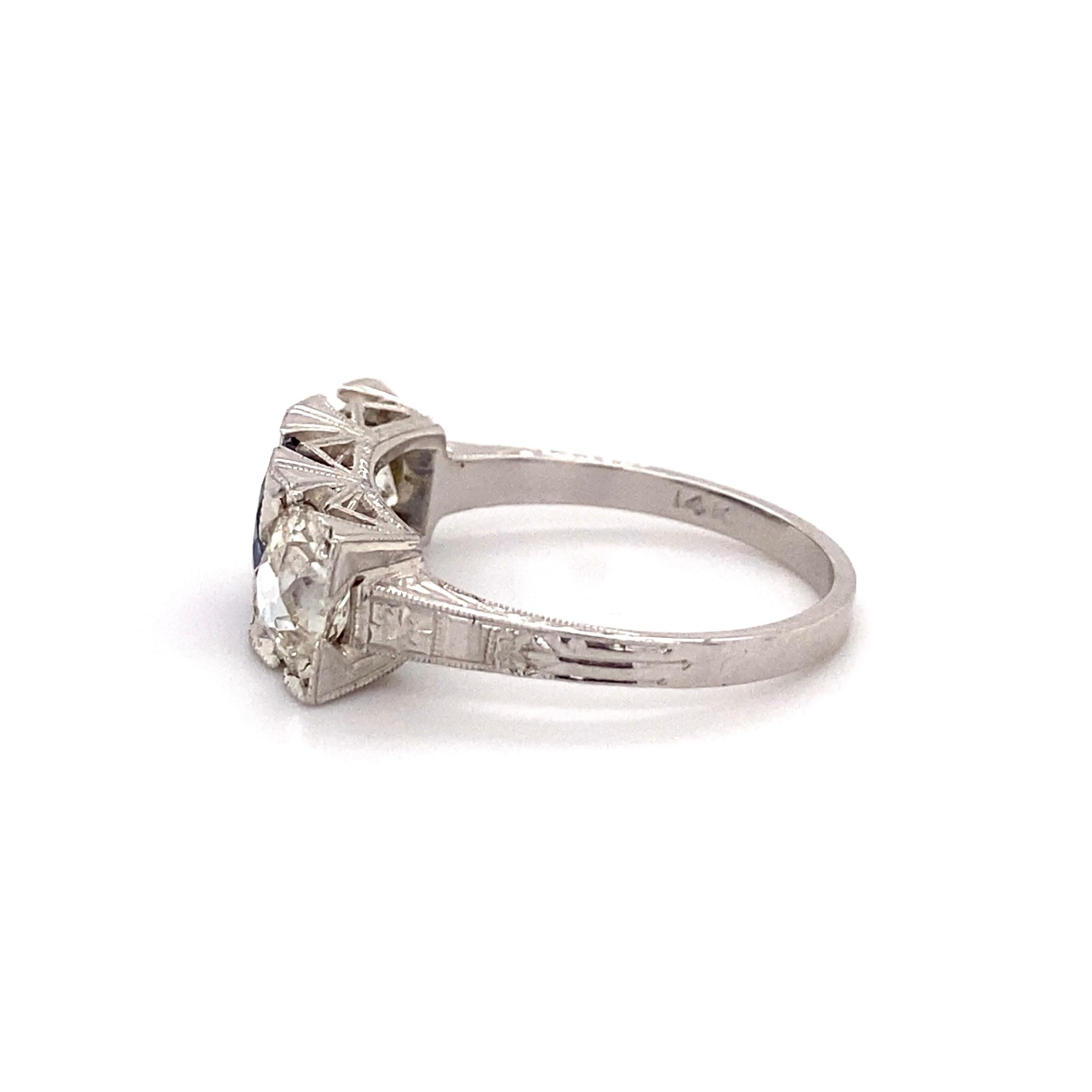 Sapphire and Diamond Art Deco Revival 3-Stone Gold Ring Estate Fine Jewelry For Sale 2