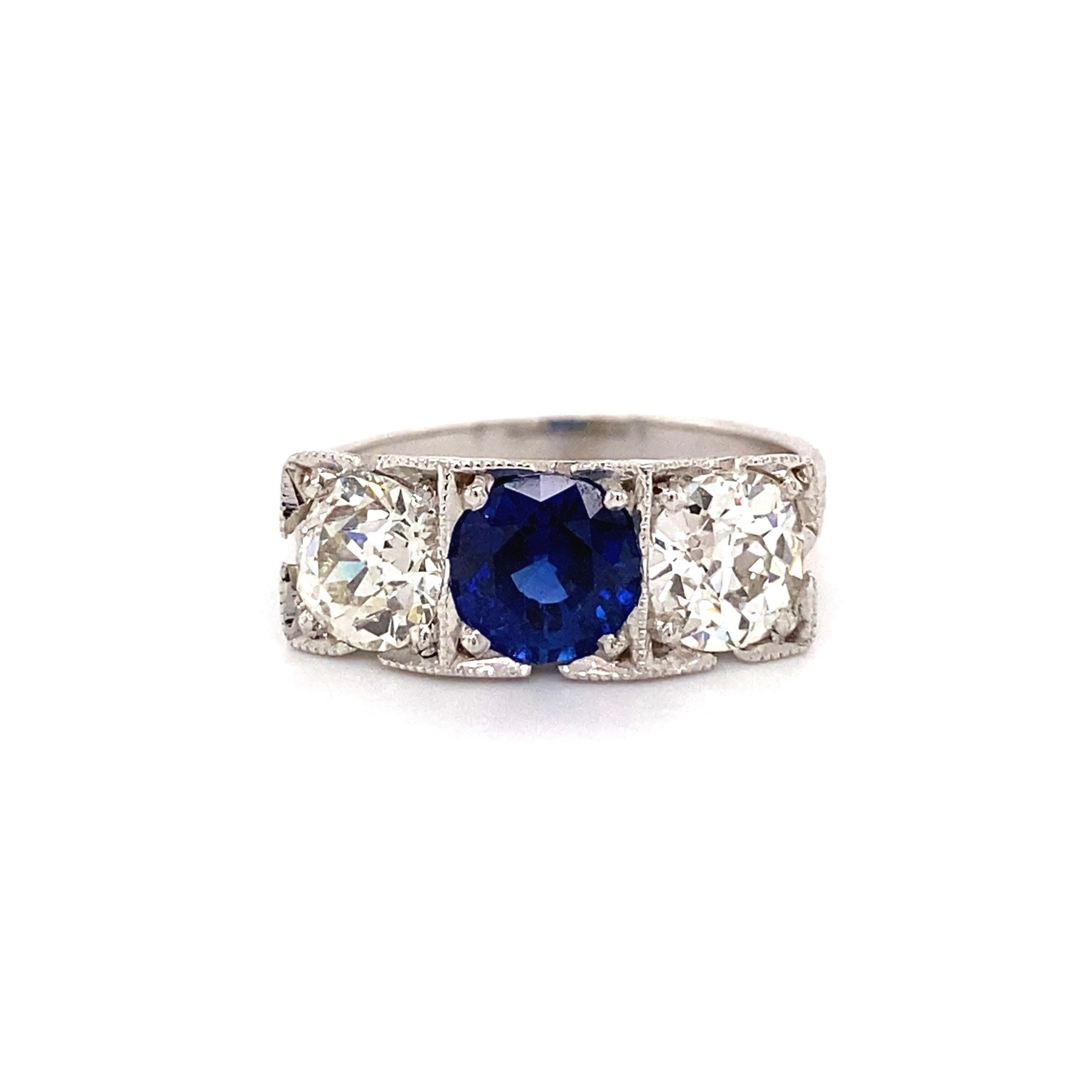 Sapphire and Diamond Art Deco Revival 3-Stone Gold Ring Estate Fine Jewelry For Sale 3