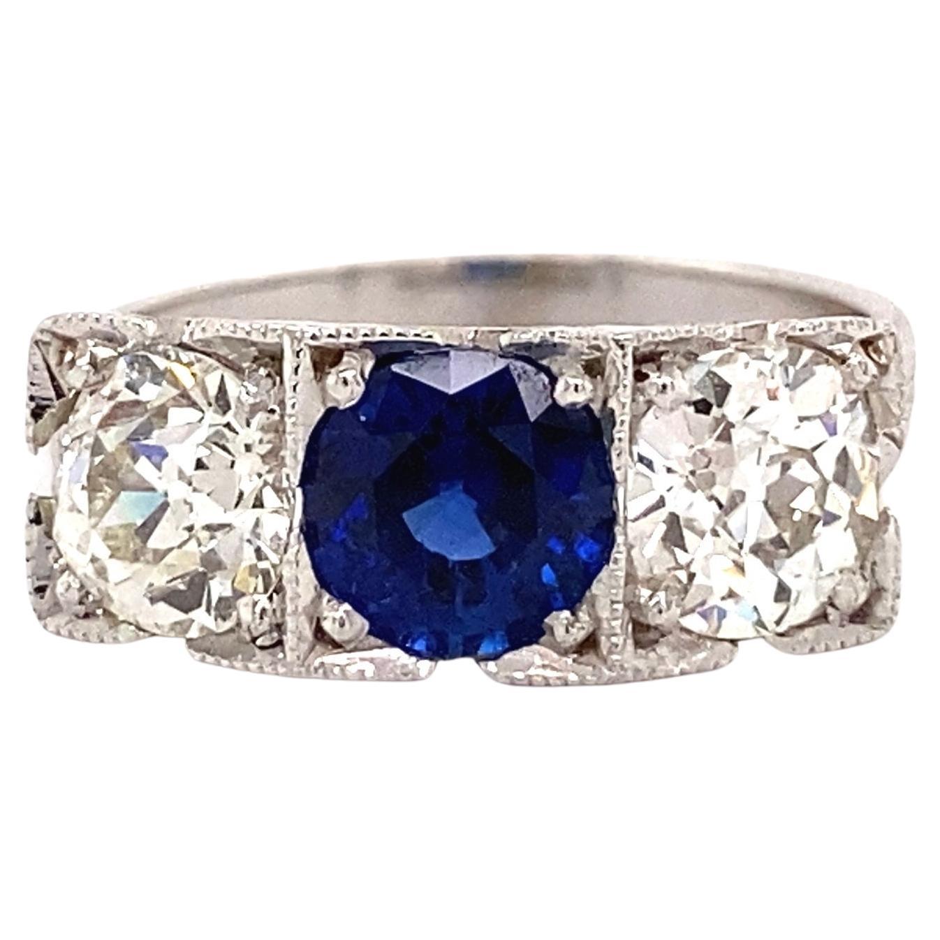 Sapphire and Diamond Art Deco Revival 3-Stone Gold Ring Estate Fine Jewelry For Sale