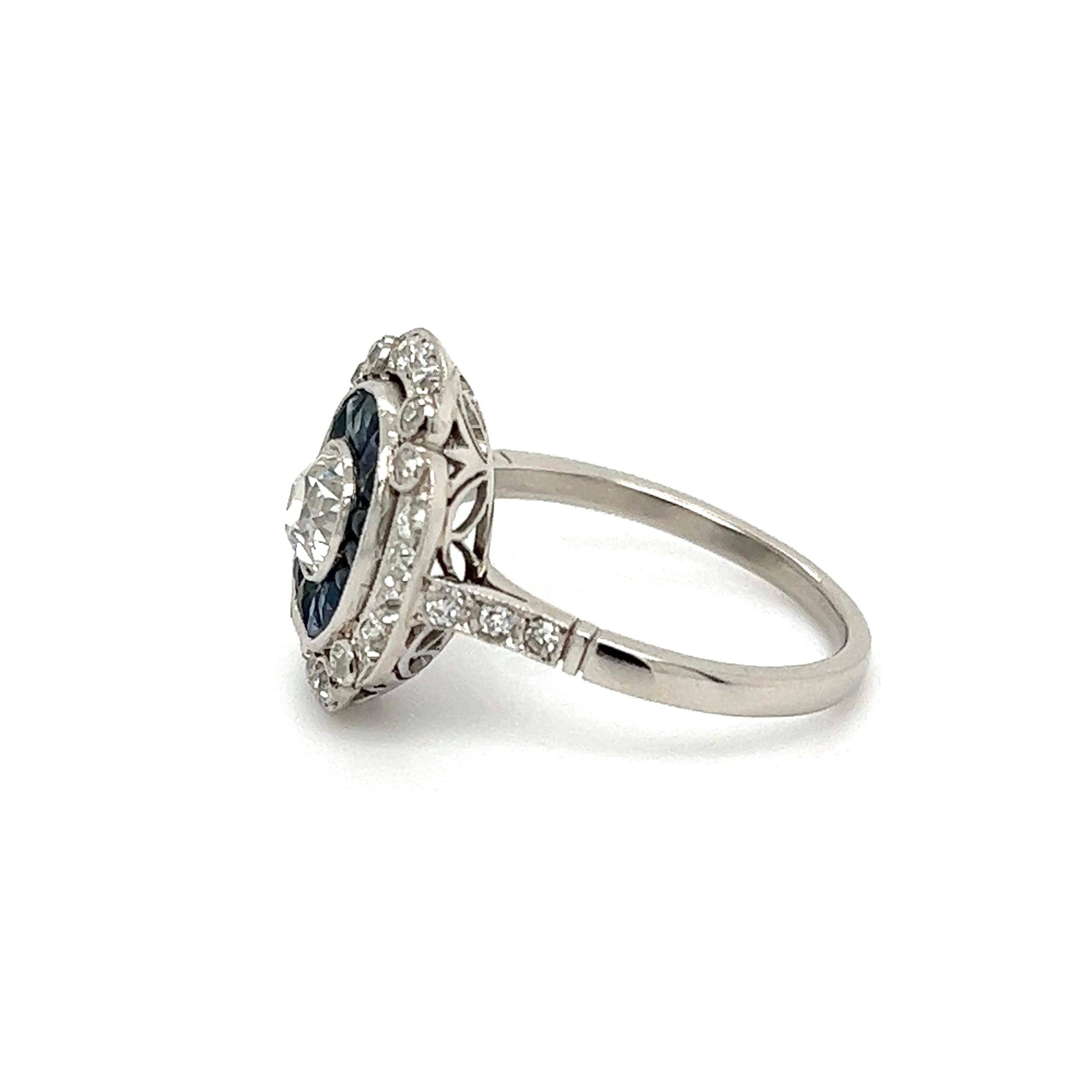 Sapphire and Diamond Art Deco Revival Platinum Ring Estate Fine Jewelry For Sale 1