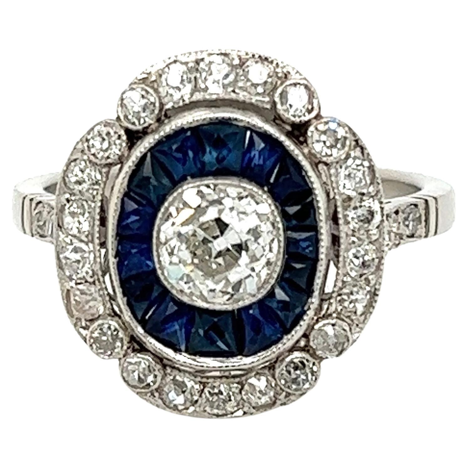 Sapphire and Diamond Art Deco Revival Platinum Ring Estate Fine Jewelry