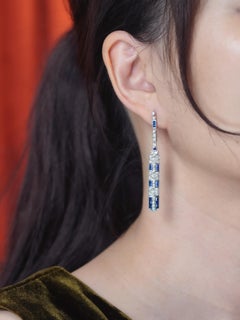 Sapphire and Diamond Art Deco Style Bar Drop Earrings in 14K White Gold