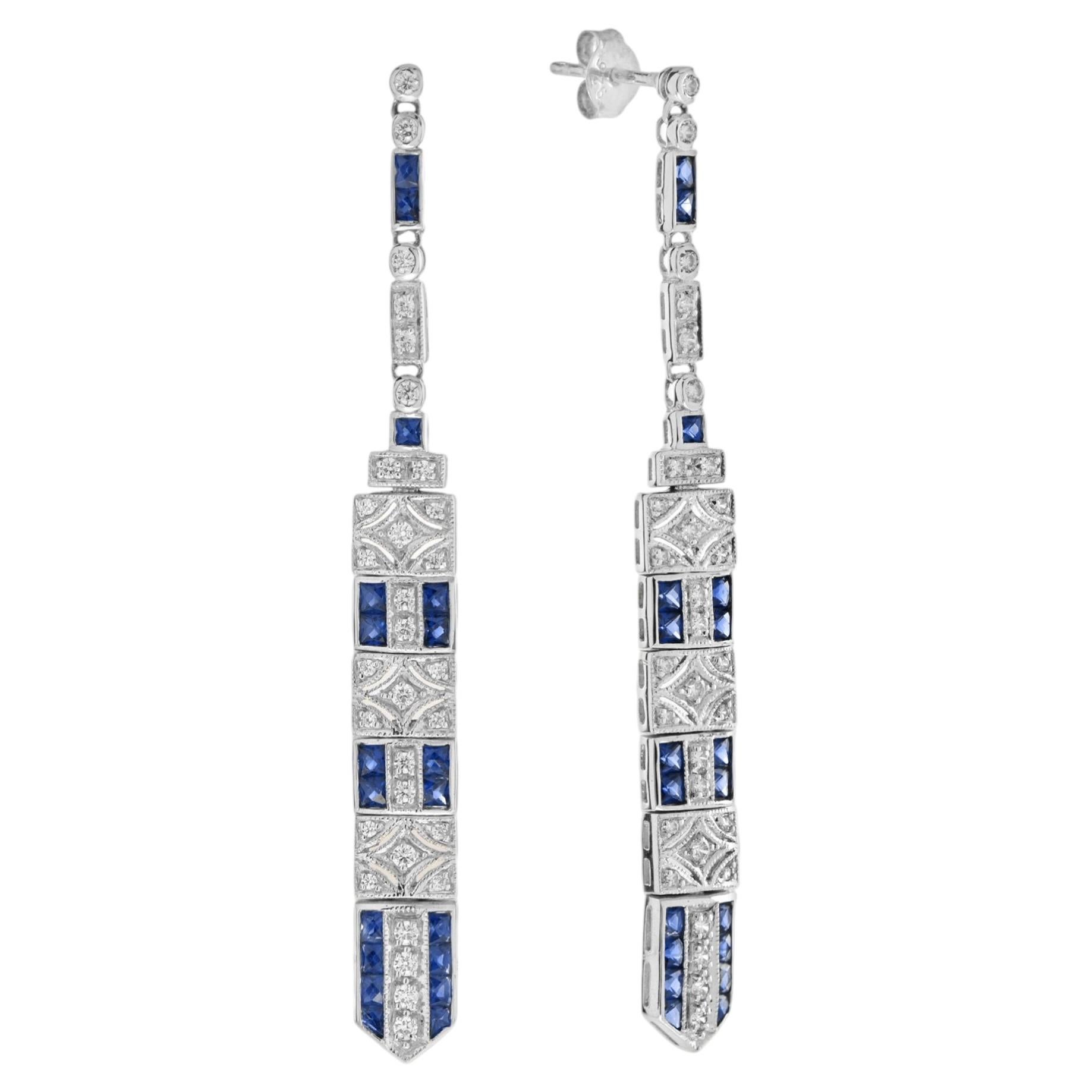 Sapphire and Diamond Art Deco Style Bar Drop Earrings in 14K White Gold