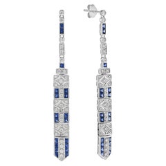Sapphire and Diamond Art Deco Style Bar Drop Earrings in 14K White Gold