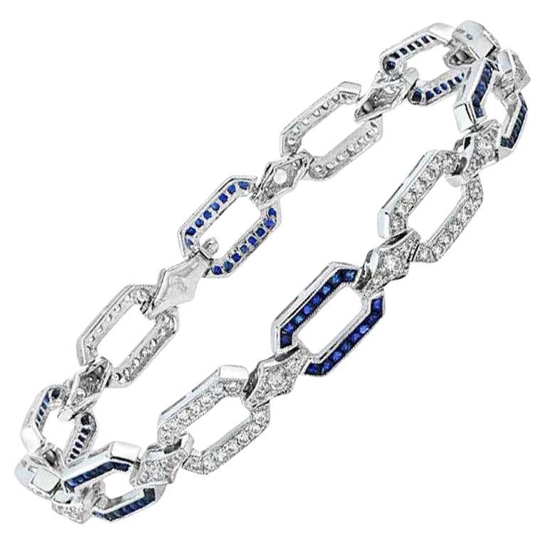 Sapphire and Diamond Art Deco Style Chain Bracelet in 18K White Gold For Sale