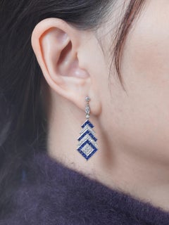 Sapphire and Diamond Art Deco Style Drop Square Earrings in 18K White Gold