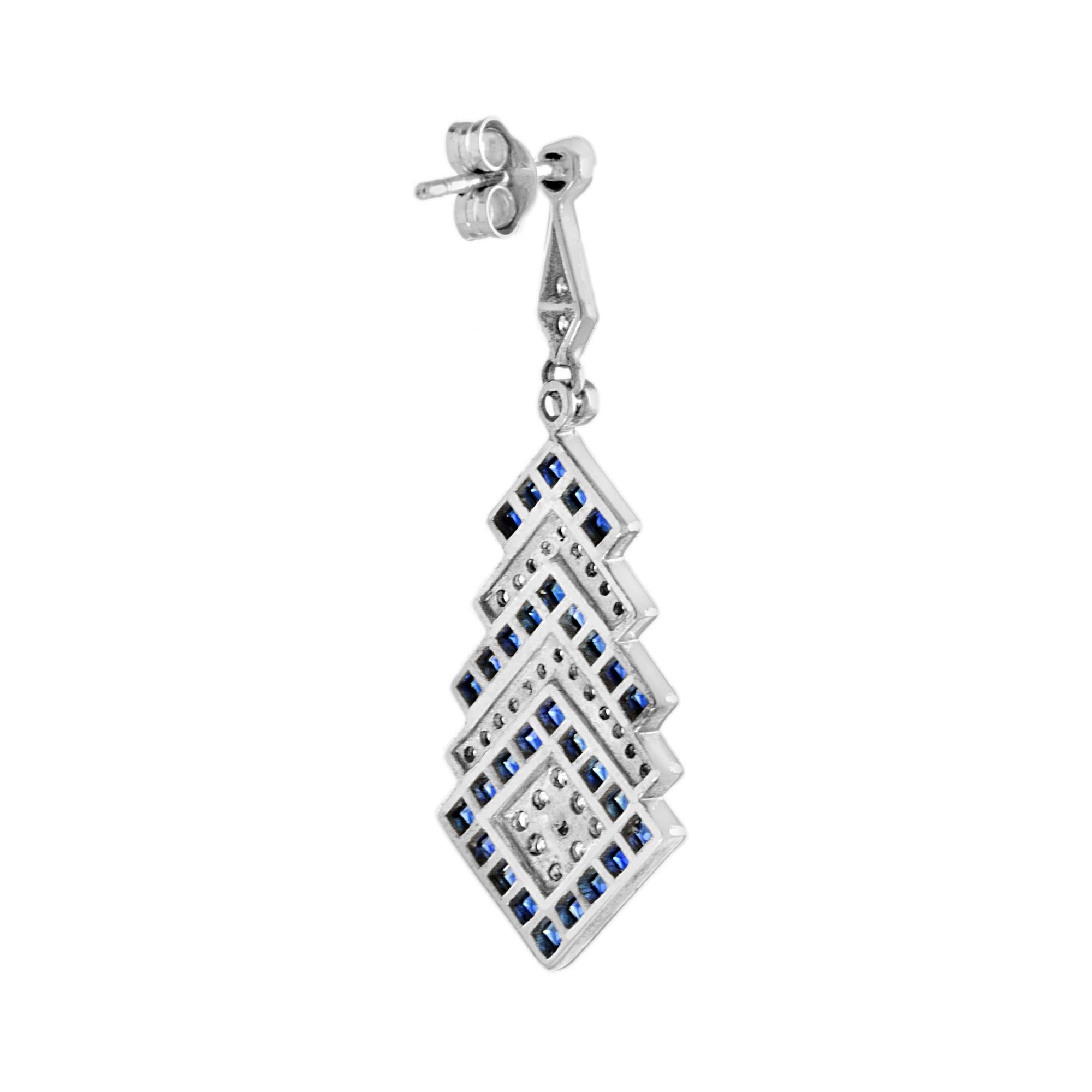 Round Cut Sapphire and Diamond Art Deco Style Drop Square Earrings in 18K White Gold For Sale