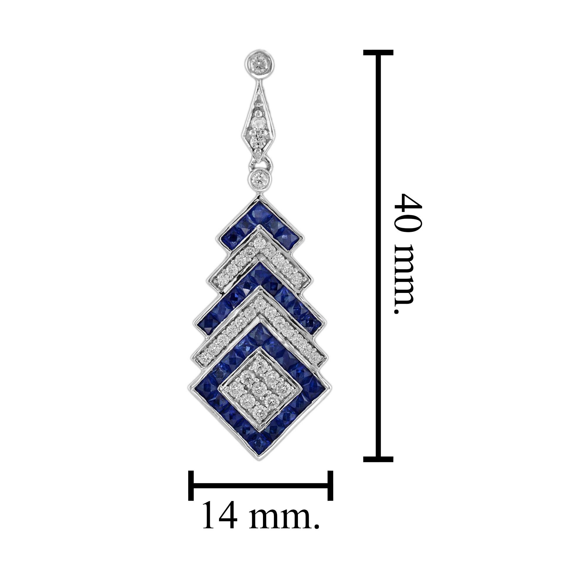 Sapphire and Diamond Art Deco Style Drop Square Earrings in 18K White Gold In New Condition For Sale In Bangkok, TH
