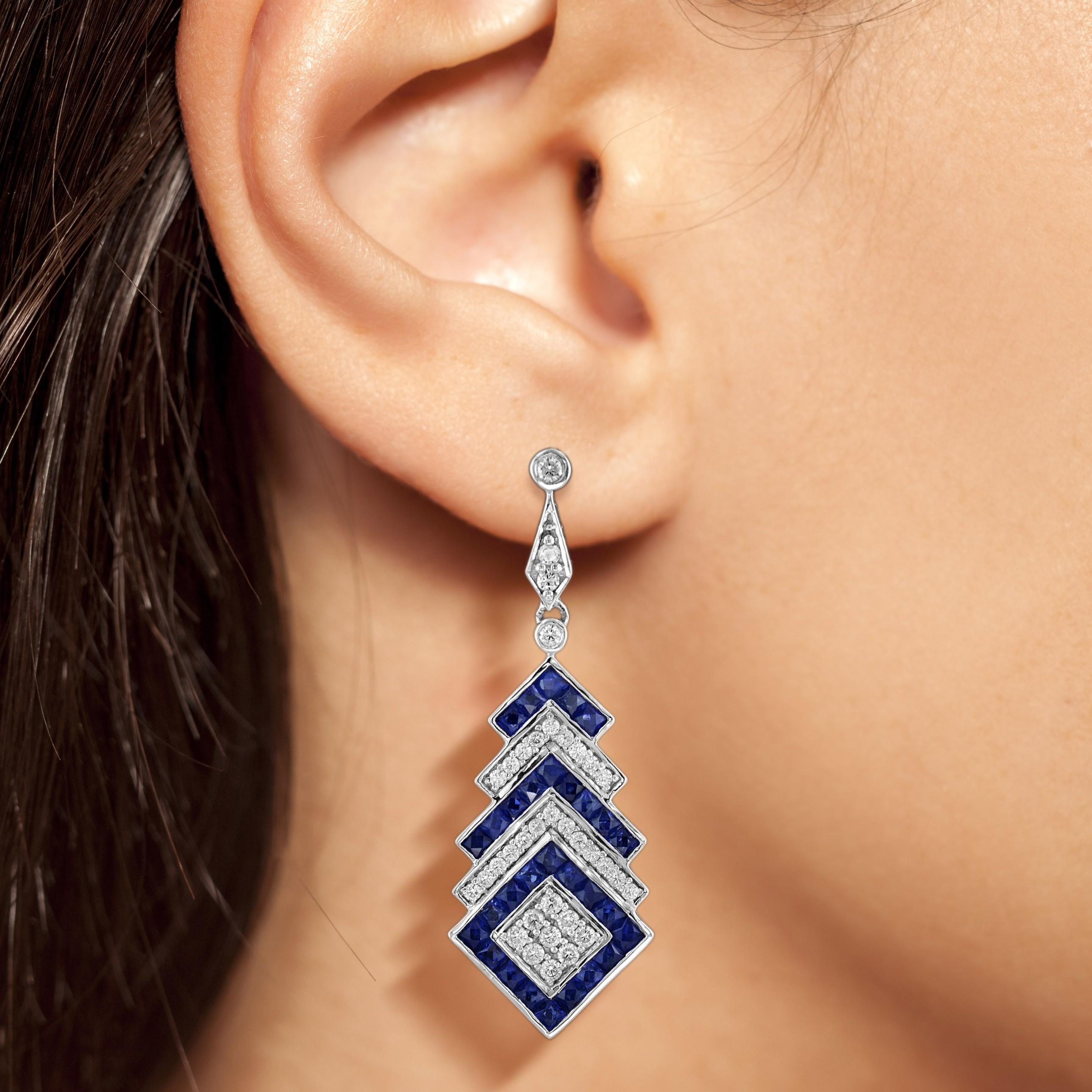 Women's Sapphire and Diamond Art Deco Style Drop Square Earrings in 18K White Gold For Sale