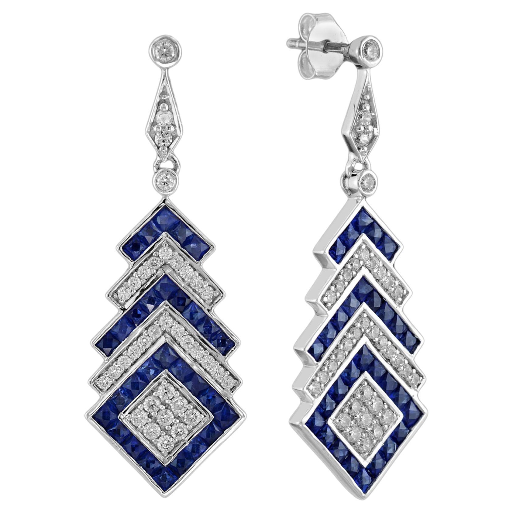 Sapphire and Diamond Art Deco Style Drop Square Earrings in 18K White Gold For Sale