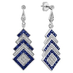 Sapphire and Diamond Art Deco Style Drop Square Earrings in 18K White Gold