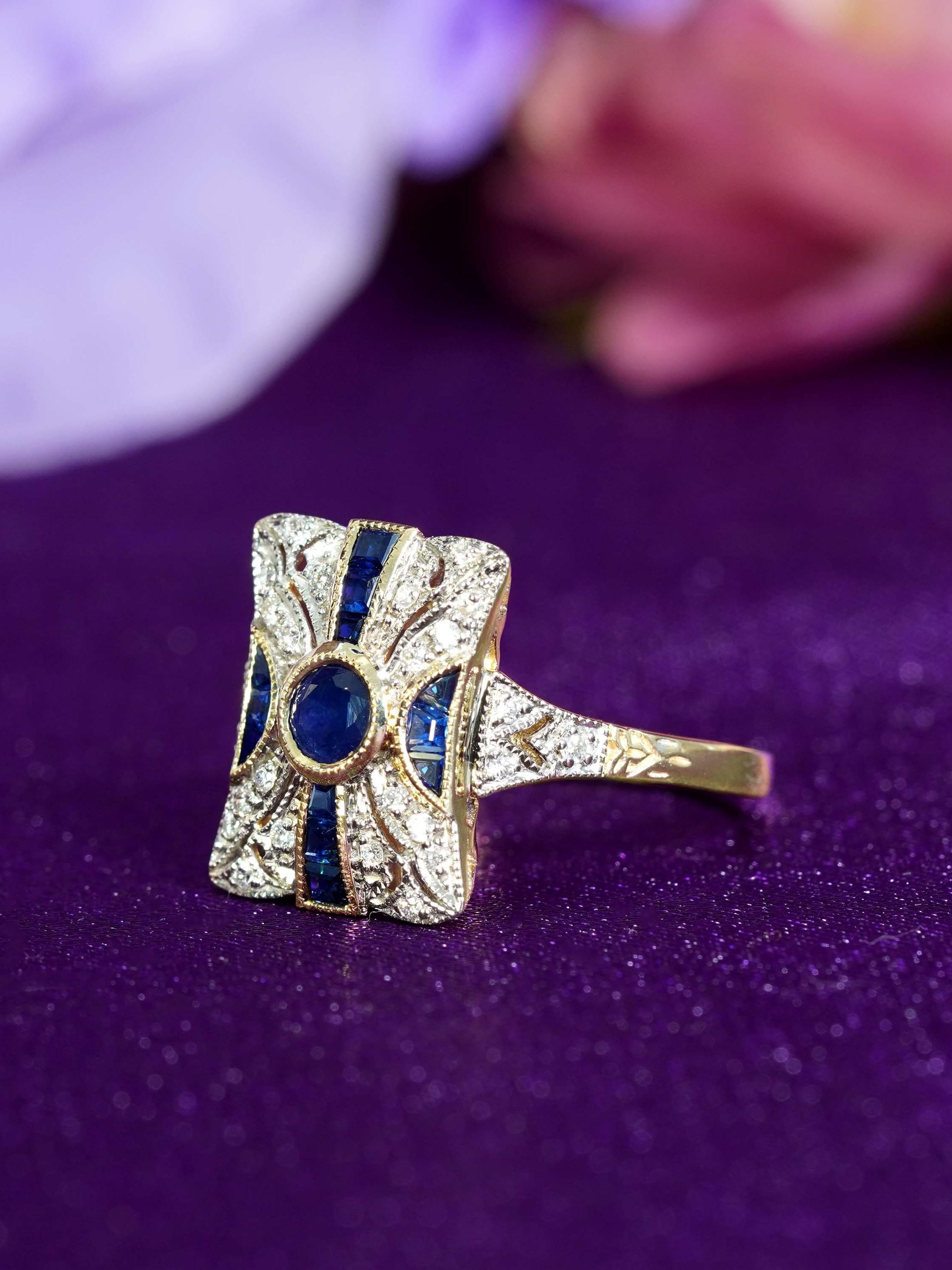 Bague de fiançailles en or jaune 9K avec saphir et diamant de style Art déco Pour femmes en vente