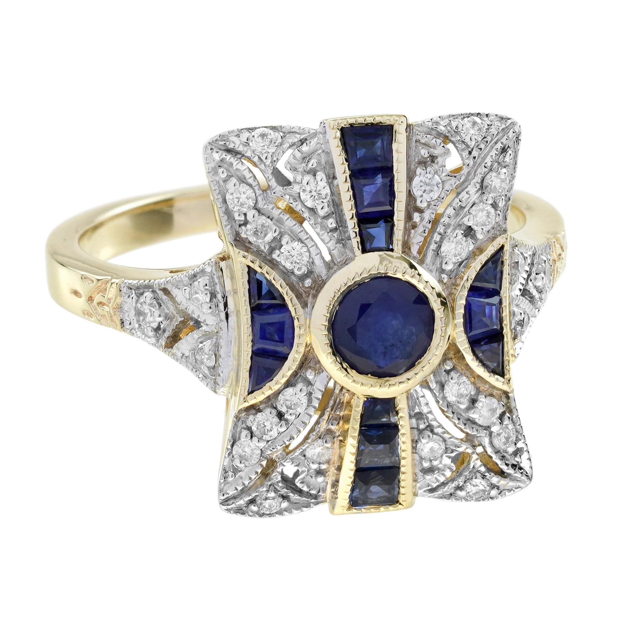 Bague de fiançailles en or jaune 9K avec saphir et diamant de style Art déco en vente 1