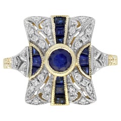 Bague de fiançailles en or jaune 9K avec saphir et diamant de style Art déco