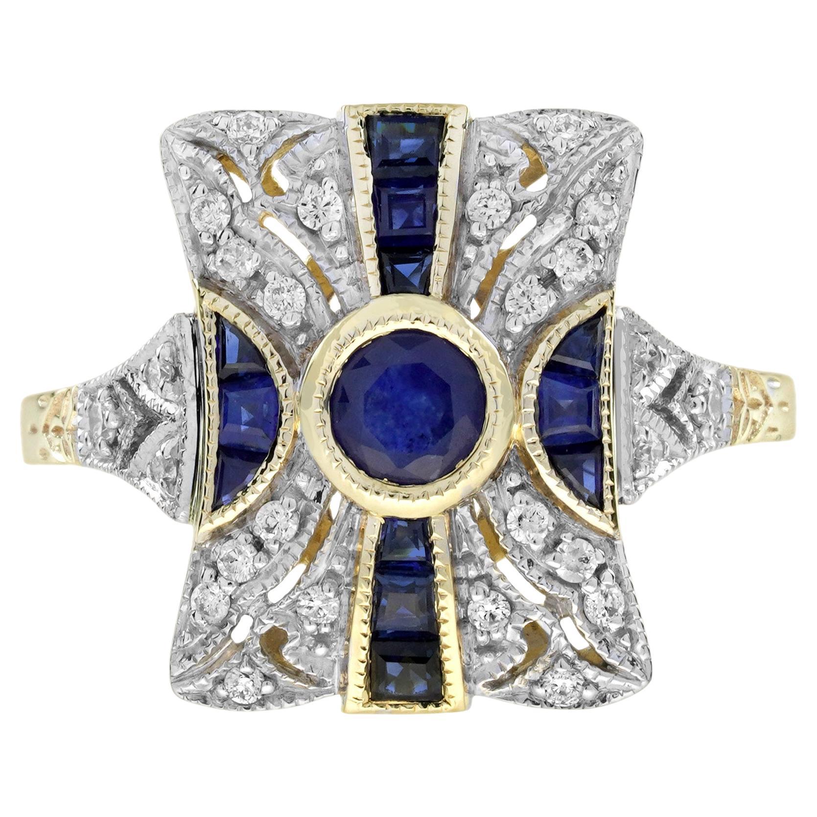 Bague de fiançailles en or jaune 9K avec saphir et diamant de style Art déco