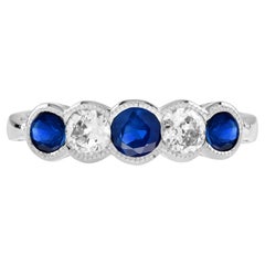 Sapphire and Diamond Art Deco Style Five Stone Ring in 14K White Gold
