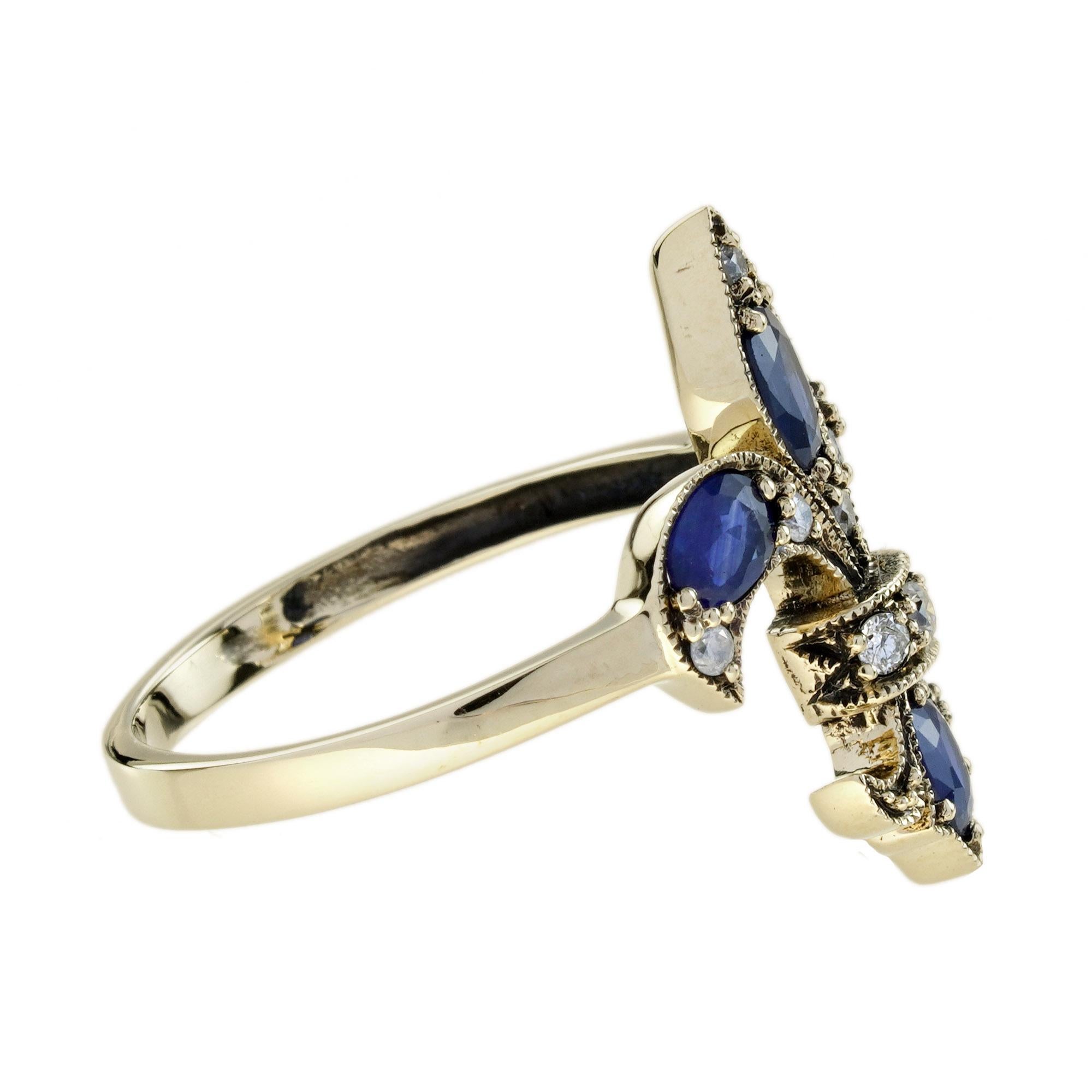 Oval Cut Sapphire and Diamond Art Deco Style Fleur-De-Lis Ring in 9K Yellow Gold For Sale