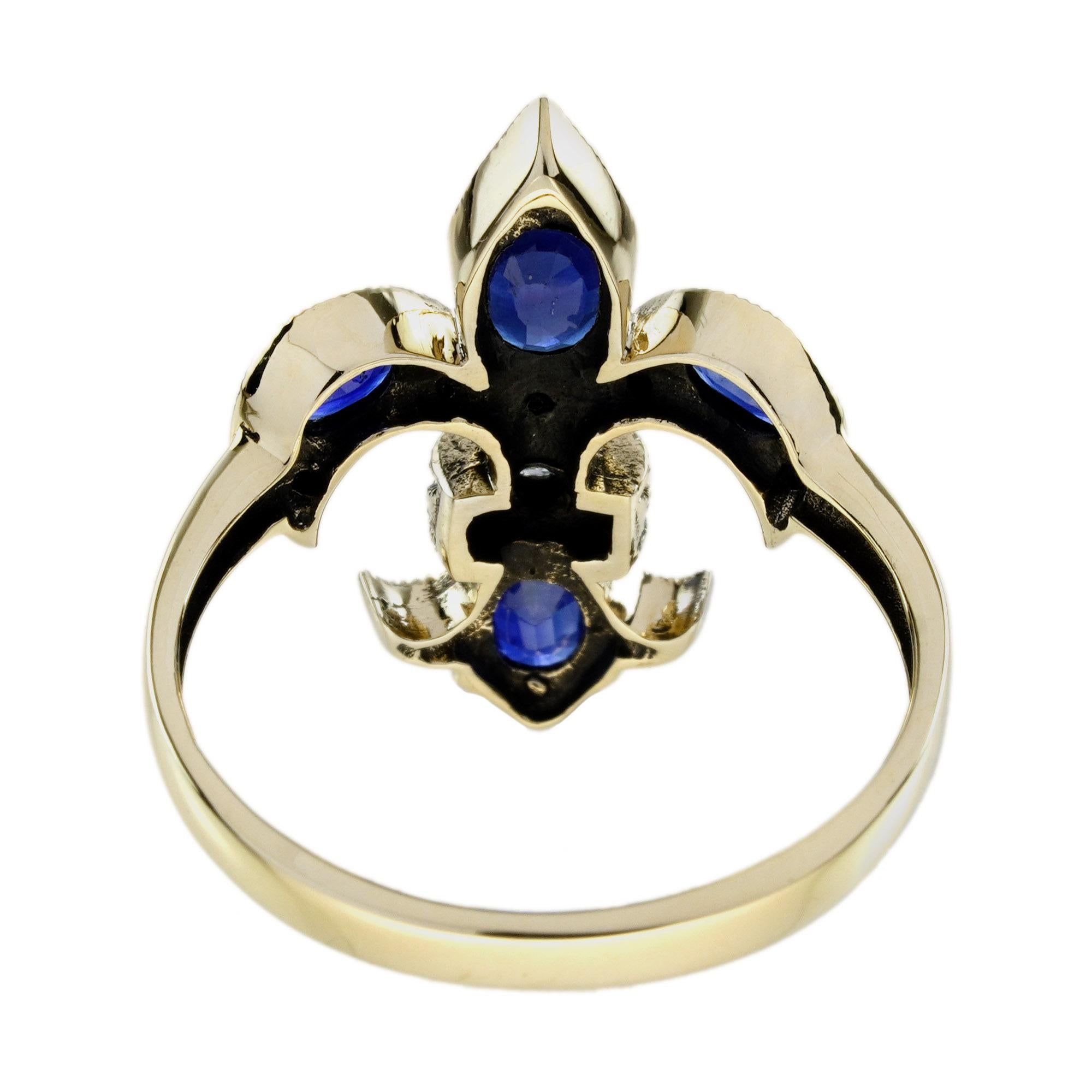 Taille ovale Bague Fleur-De-Lis en or jaune 9K, saphir et diamant de style Art Déco en vente