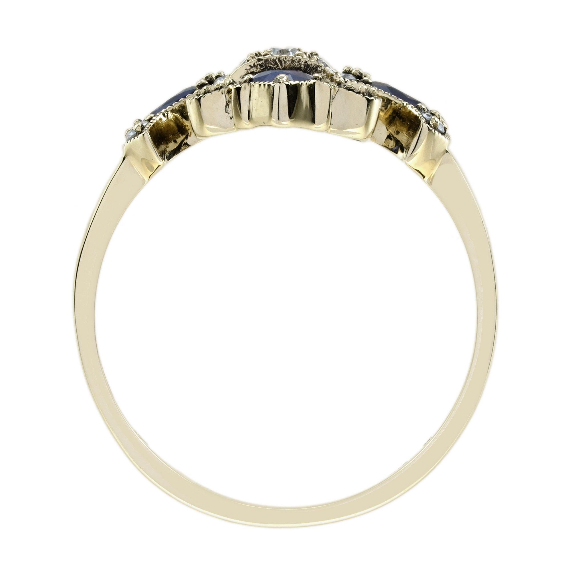 Women's Sapphire and Diamond Art Deco Style Fleur-De-Lis Ring in 9K Yellow Gold For Sale