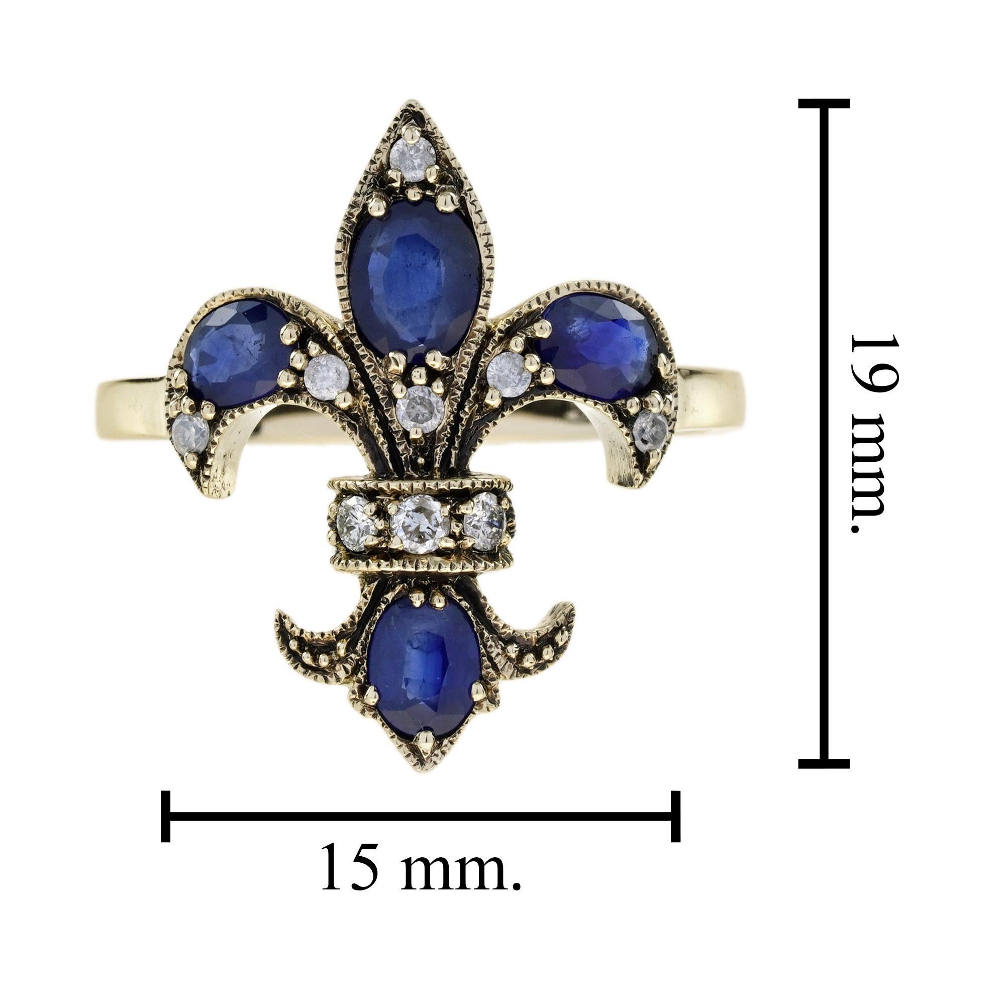 Sapphire and Diamond Art Deco Style Fleur-De-Lis Ring in 9K Yellow Gold For Sale 1