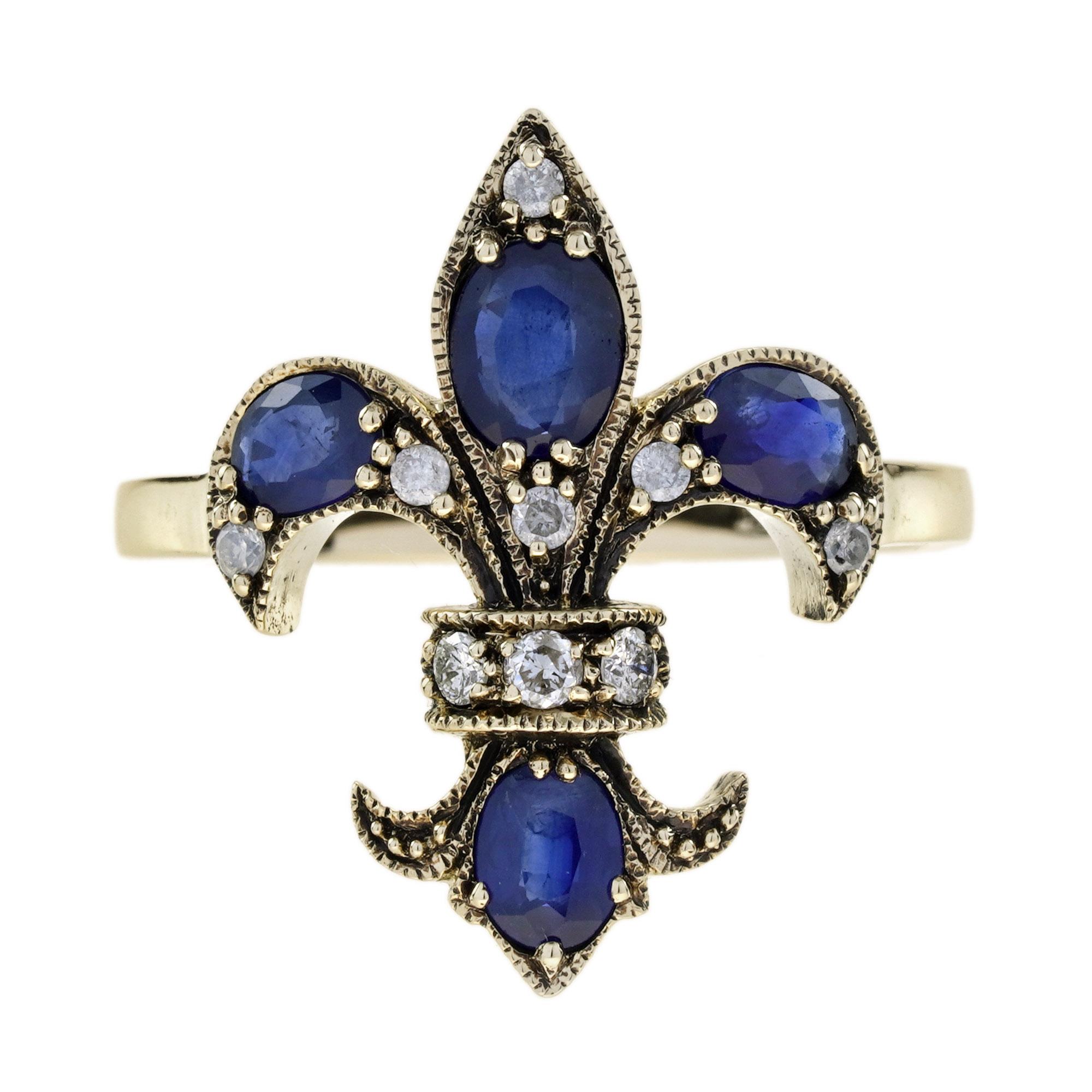 Bague Fleur-De-Lis en or jaune 9K, saphir et diamant de style Art Déco