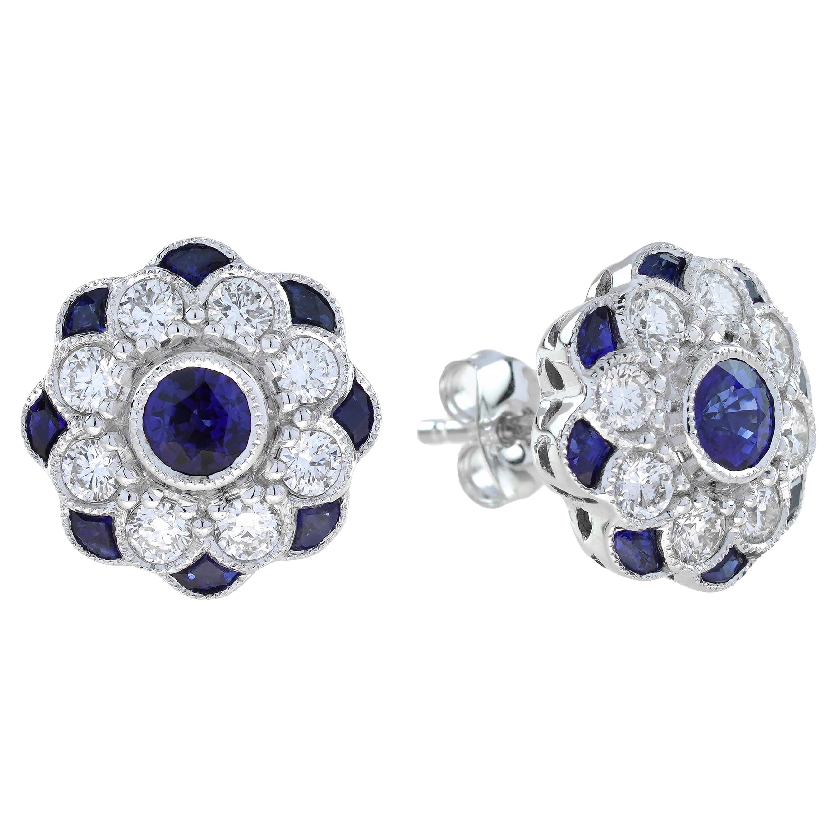 Sapphire and Diamond Art Deco Style Floral Stud Earrings in 18K White Gold