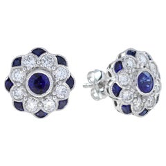 Sapphire and Diamond Art Deco Style Floral Stud Earrings in 18K White Gold