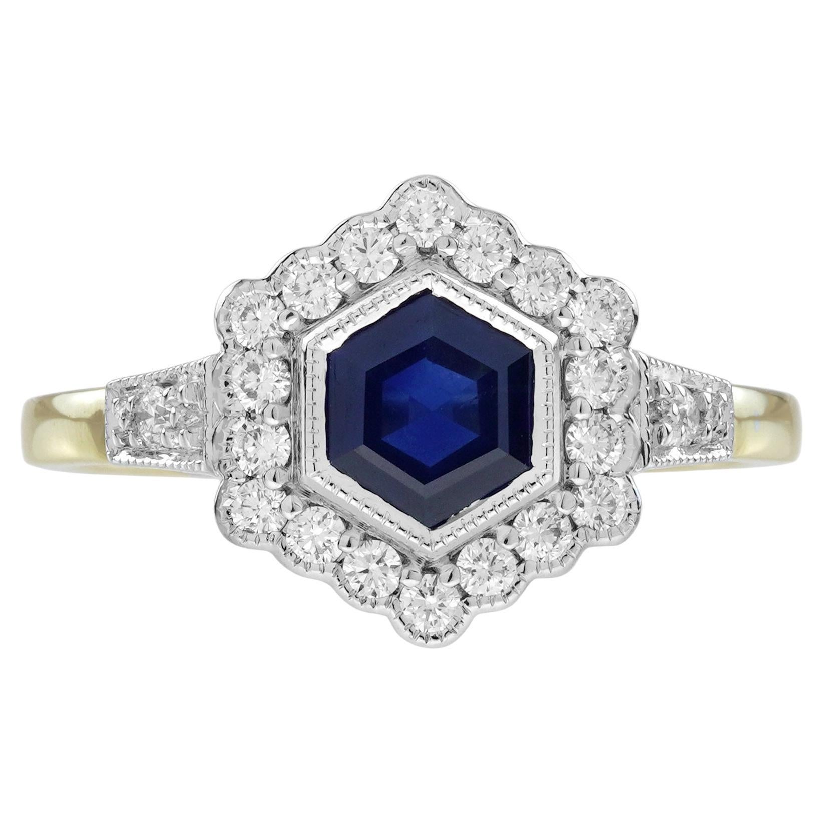 Sapphire and Diamond Art Deco Style Hexagon Shape Engagement Ring in 14K Gold For Sale