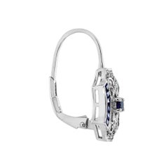 Sapphire and Diamond Art Deco Style Lever Back Earrings in 14K White Gold