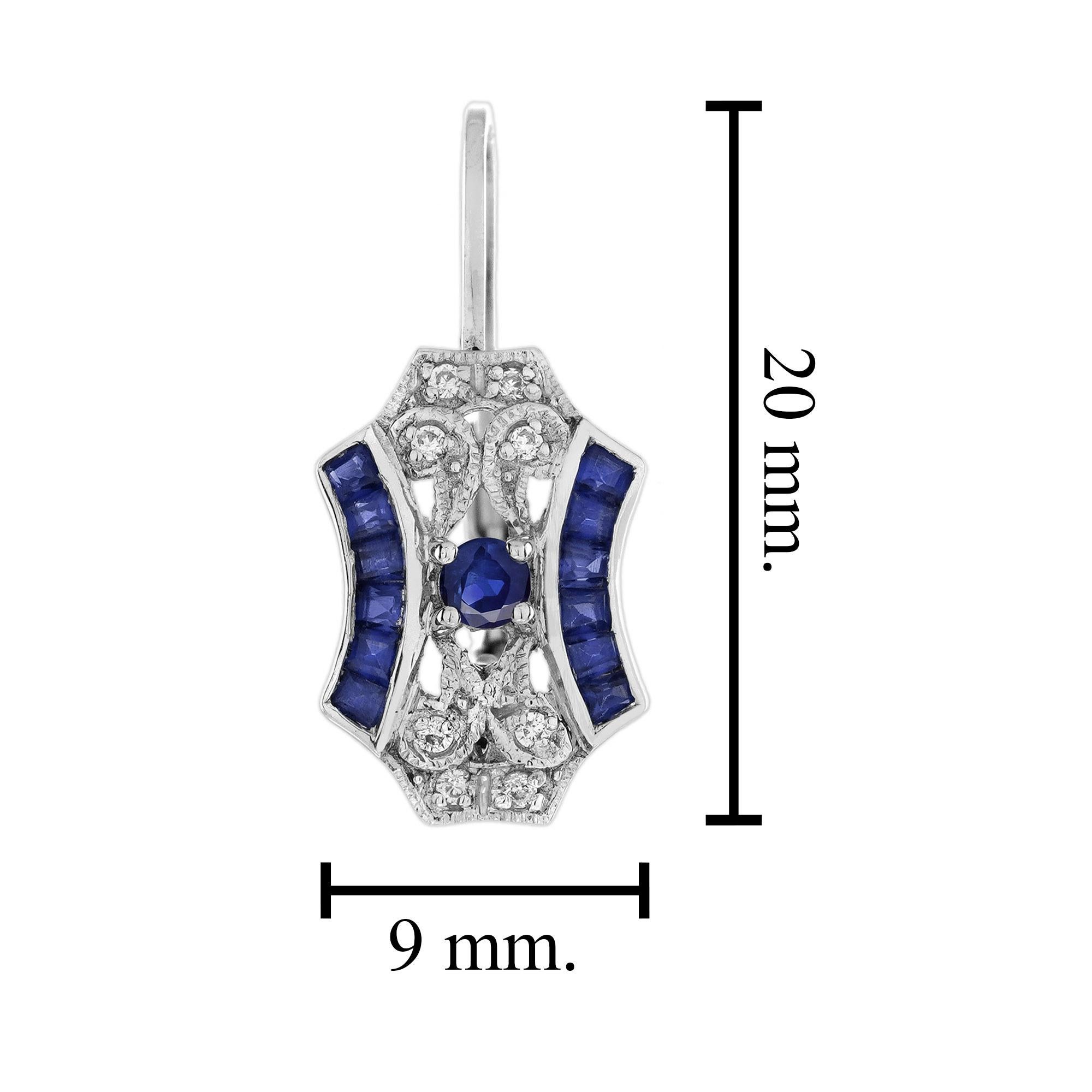Saphir- und Diamant-Ohrringe im Art-Déco-Stil mit Hebelverschluss aus 14 Karat Weißgold (Rundschliff) im Angebot