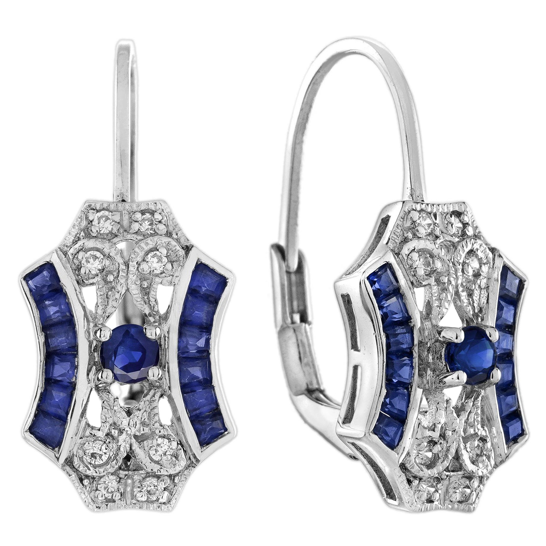 Pendientes de Zafiro y Diamantes Estilo Art Decó en Oro Blanco de 14 K en venta