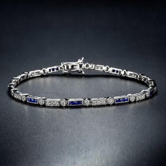 Sapphire and Diamond Art Deco Style Link Bracelet in 18K White Gold