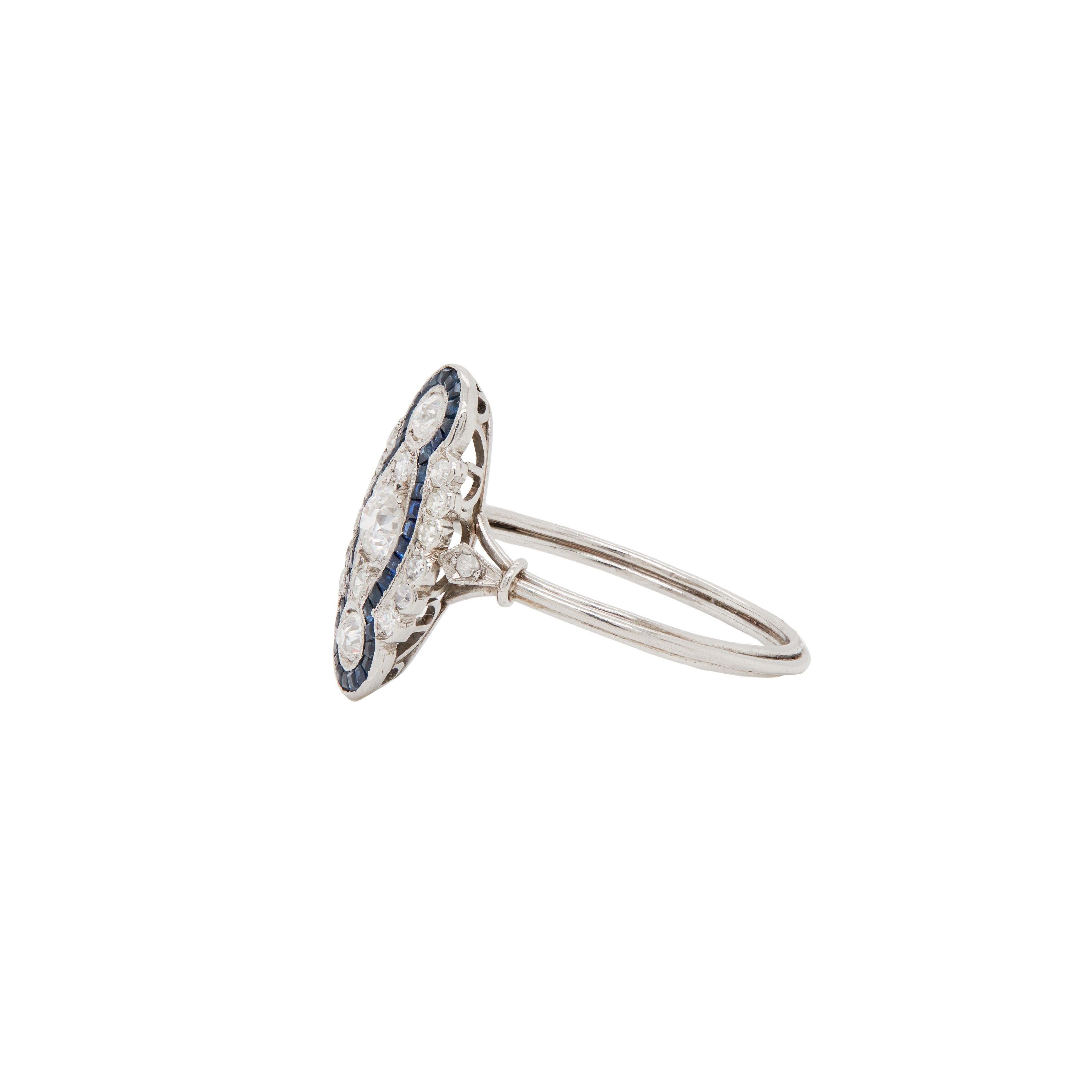 Old Mine Cut Sapphire and Diamond Art Deco Style Navette Platinum Dress Ring For Sale