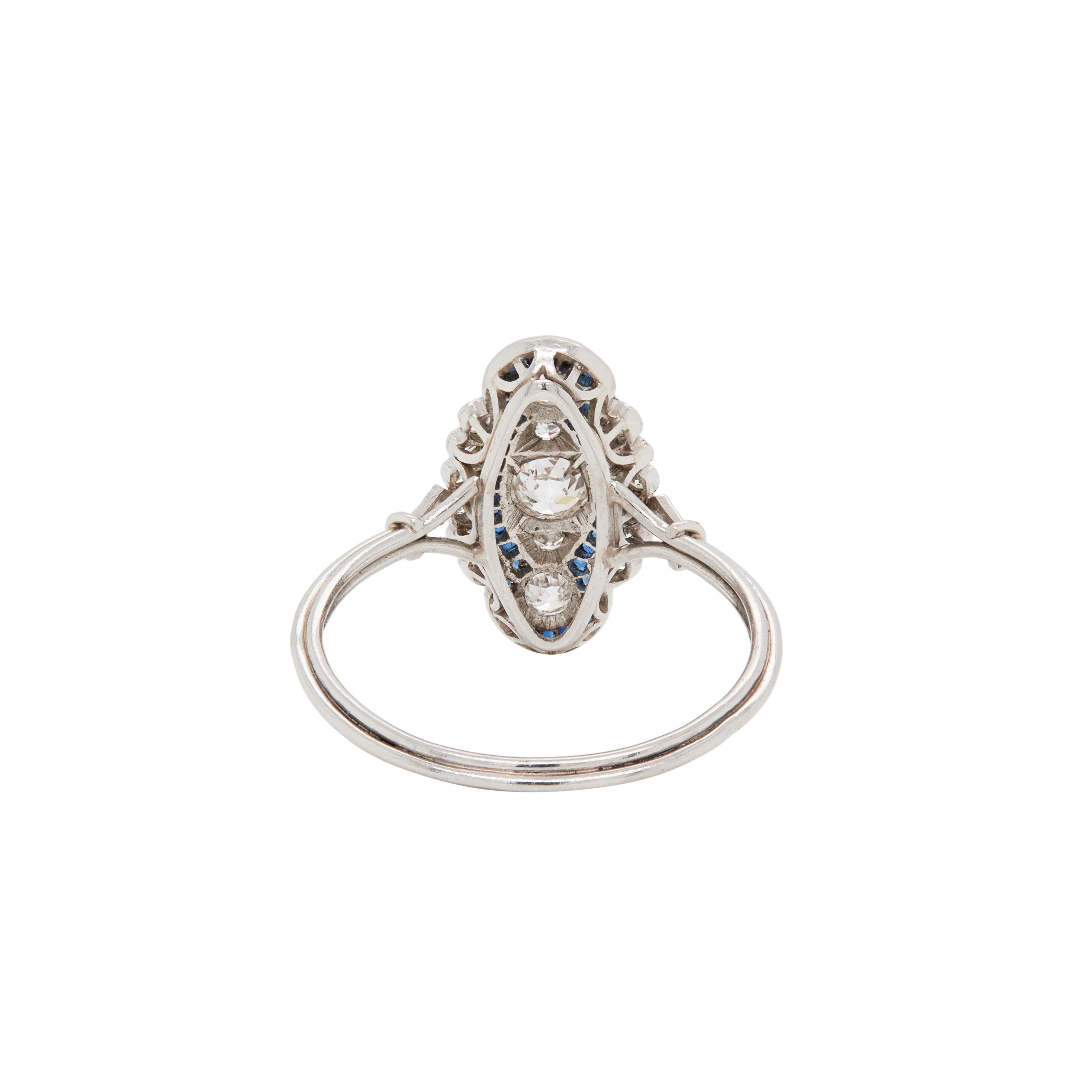 Sapphire and Diamond Art Deco Style Navette Platinum Dress Ring In Good Condition For Sale In London, GB