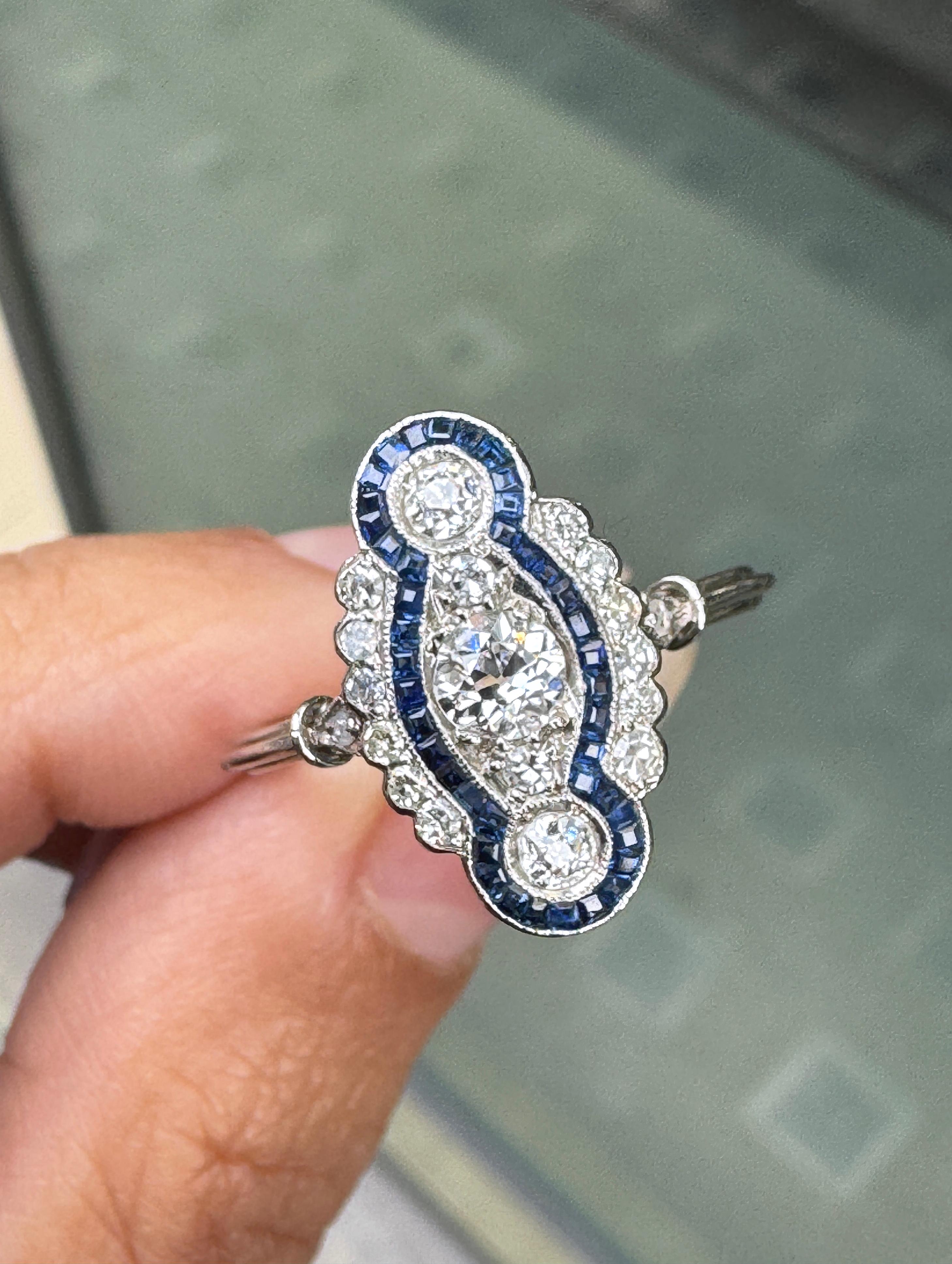 Women's or Men's Sapphire and Diamond Art Deco Style Navette Platinum Dress Ring For Sale