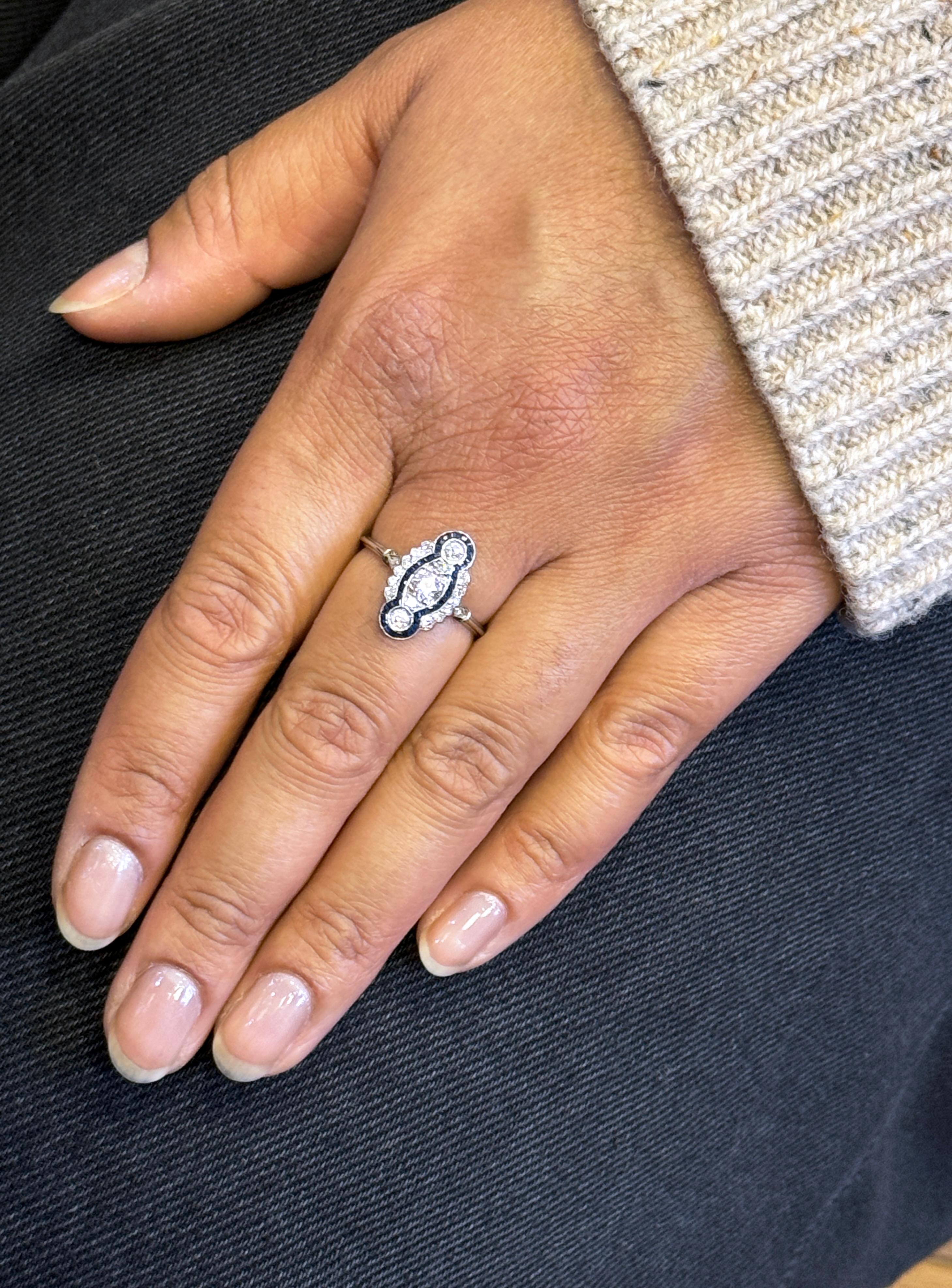 Sapphire and Diamond Art Deco Style Navette Platinum Dress Ring For Sale 1