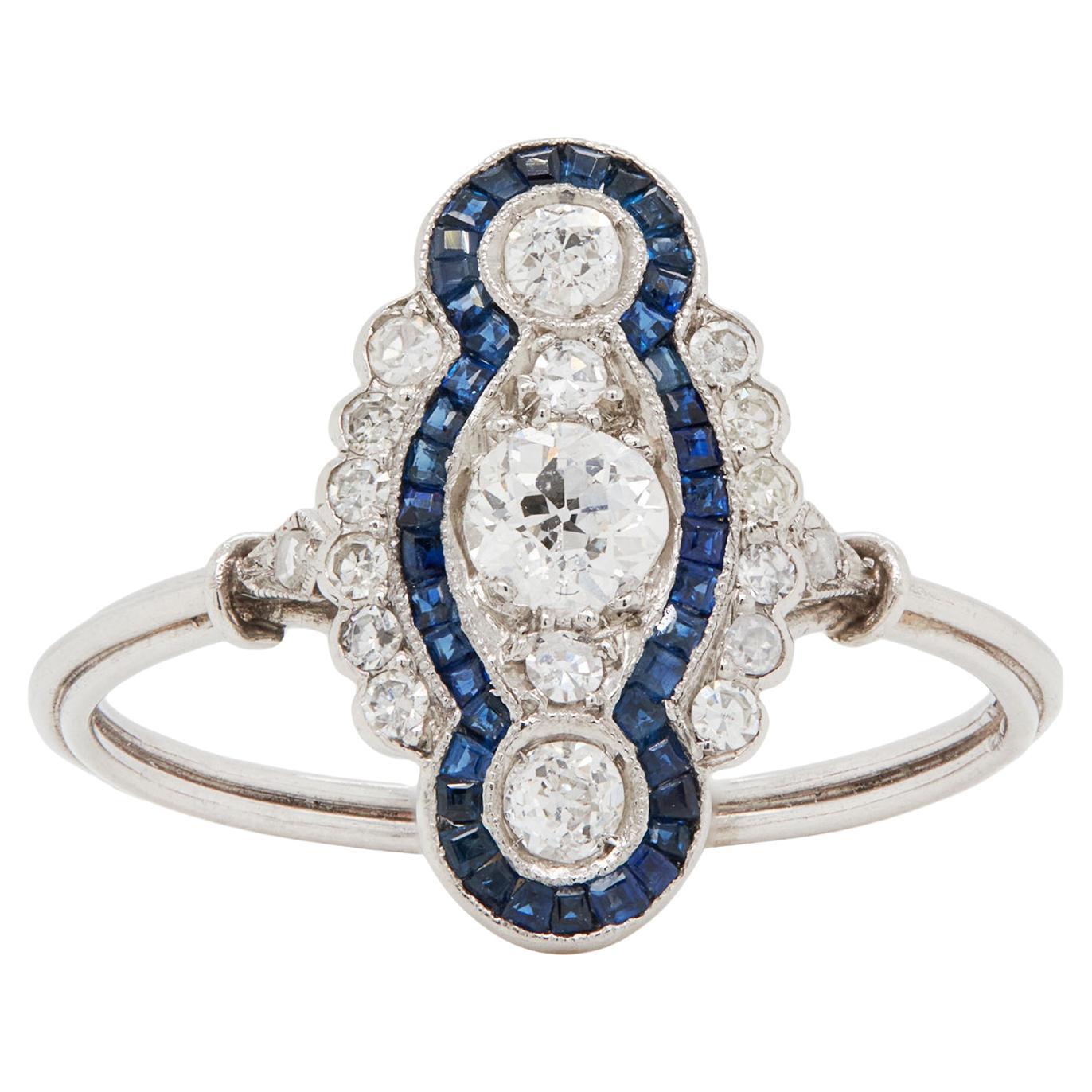 Sapphire and Diamond Art Deco Style Navette Platinum Dress Ring