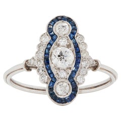Sapphire and Diamond Art Deco Style Navette Platinum Dress Ring