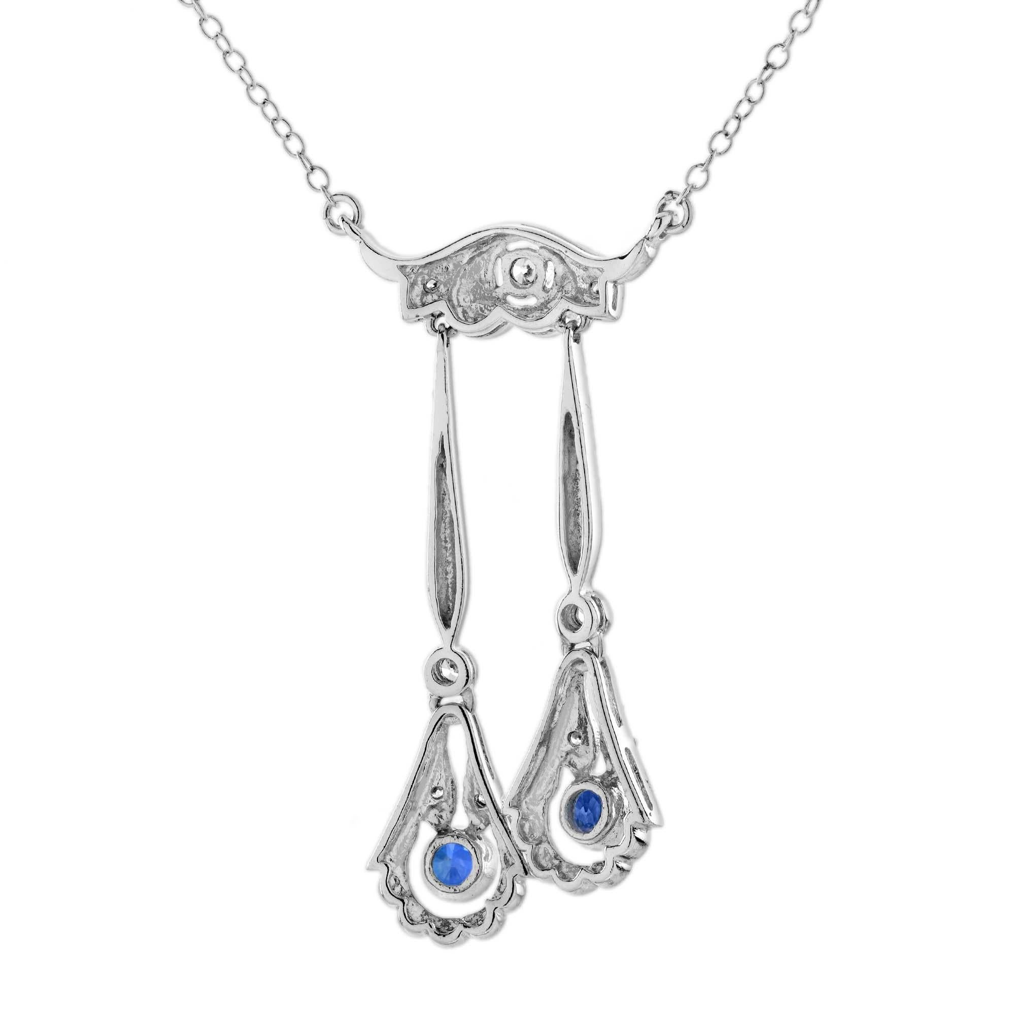 Taglio rotondo Collana Négligée in stile Art Déco con zaffiri e diamanti in oro bianco 14 carati in vendita