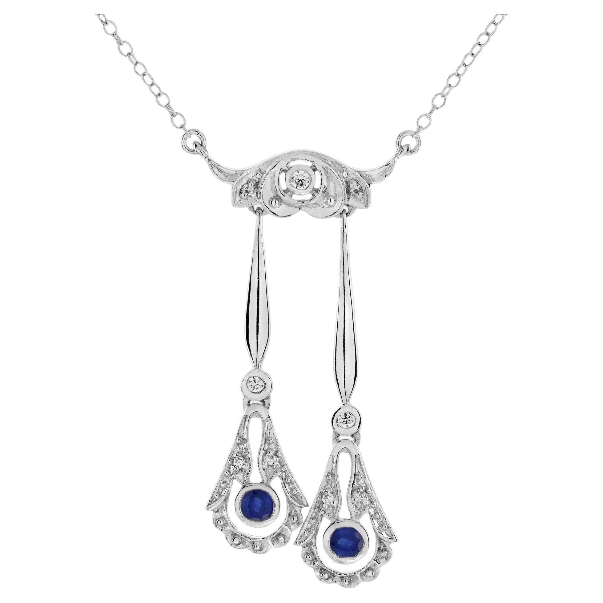 Collier Négligé en or blanc 14K avec saphirs et diamants de style Art Déco