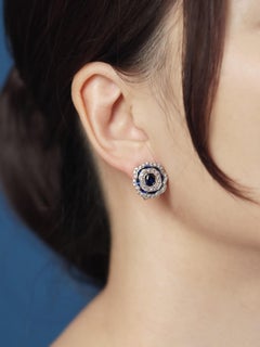 Sapphire and Diamond Art Deco Style Omega Earrings in 14K White Gold