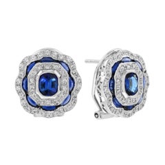 Sapphire and Diamond Art Deco Style Omega Earrings in 14K White Gold