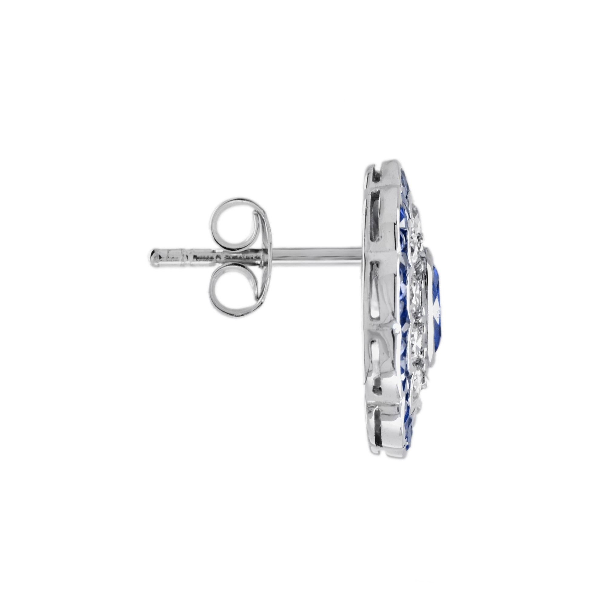 A lovely pair of floral earrings for anyone who loves antique-inspired jewelry. Made of dazzling oval blue sapphire and round cut diamond set in18k white gold. Each features .30 carat sapphire center surrounded by ten diamonds form a flower with a